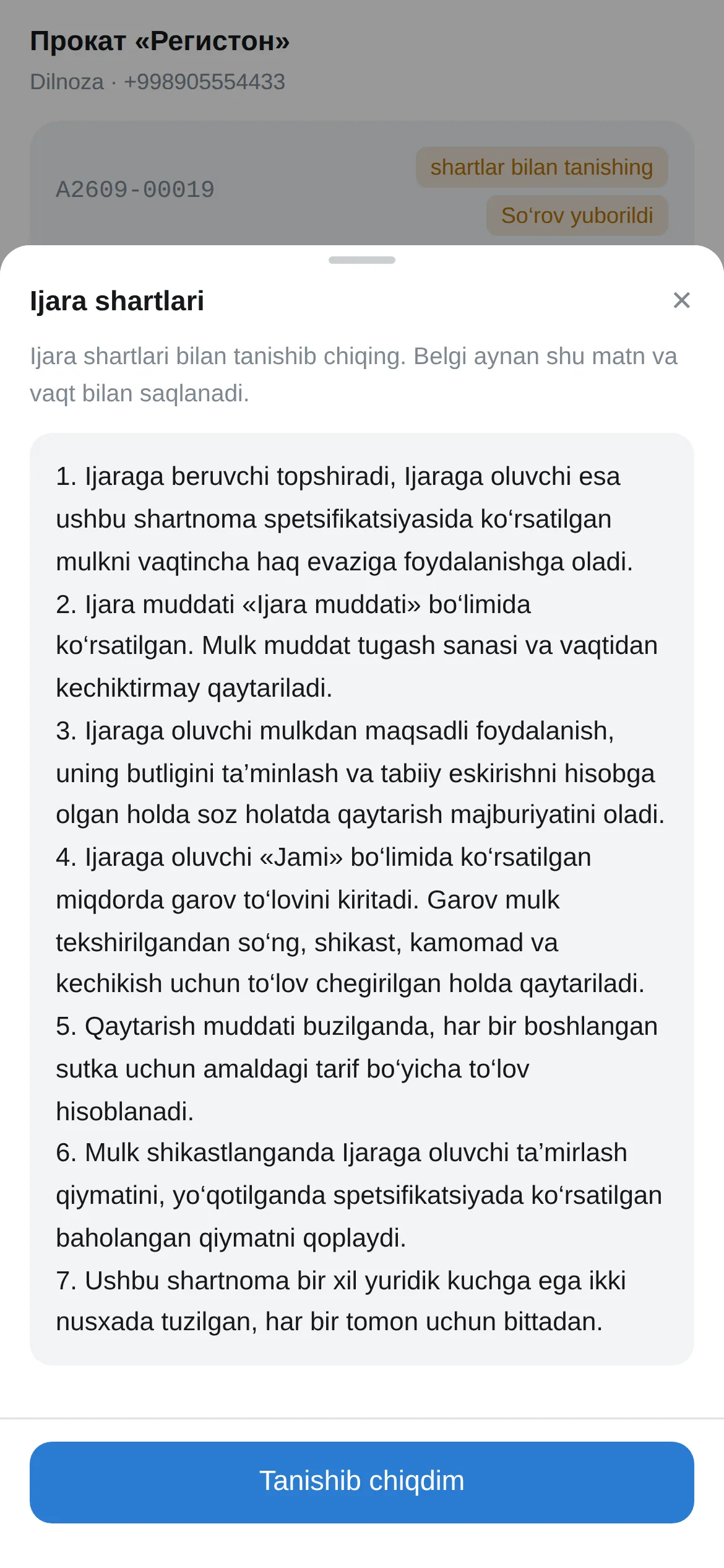 Ijara shartlari matni va «Tanishib chiqdim» tugmasi
